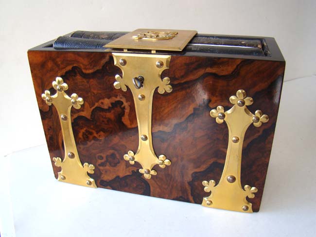 An English Victorian brass mounted burled walnut double book box circa 1873